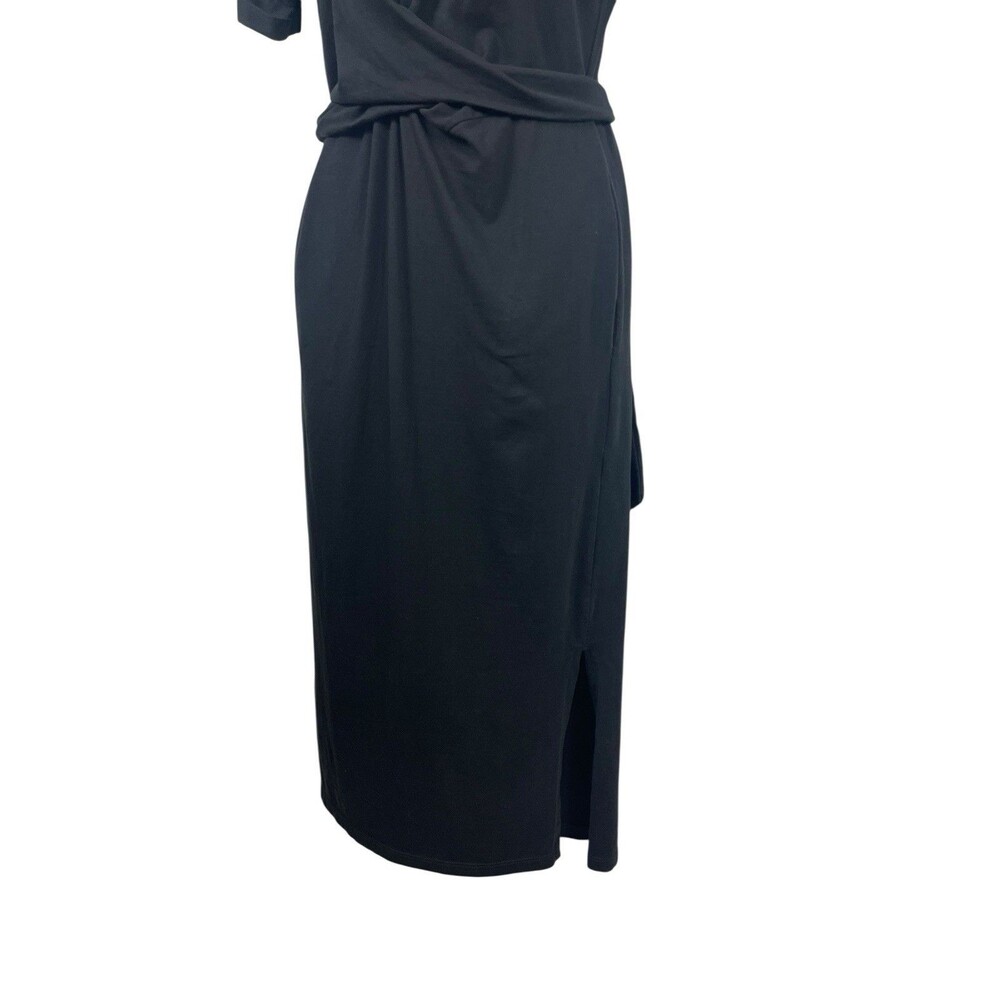 Women’s Black Dress Midi Short Sleeve Tie Waist Side Slit XS Minimalist - Picture 5 of 13